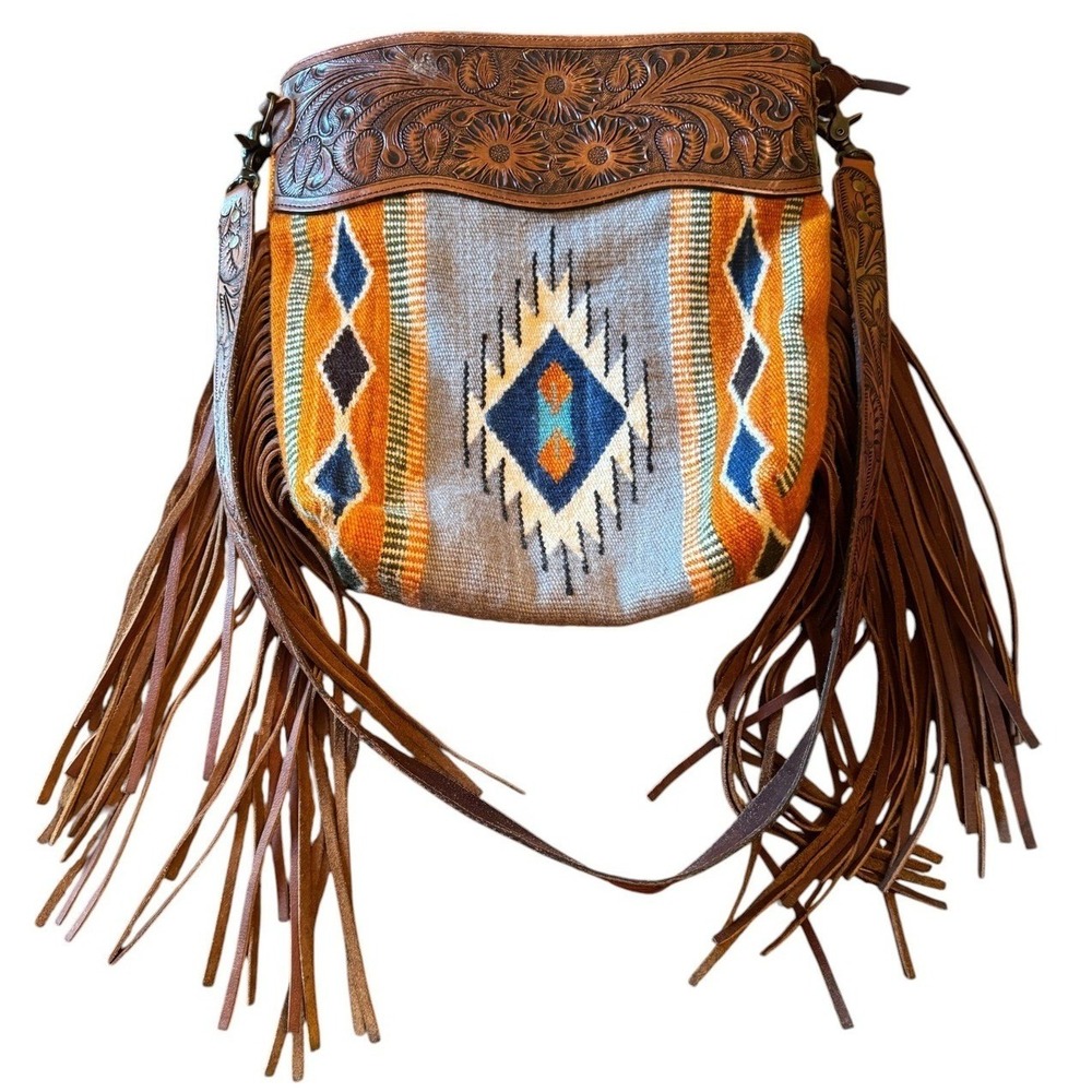 American Darling Woven Saddle Blanket Tooled Leather Fringe Crossbody Bag Orange